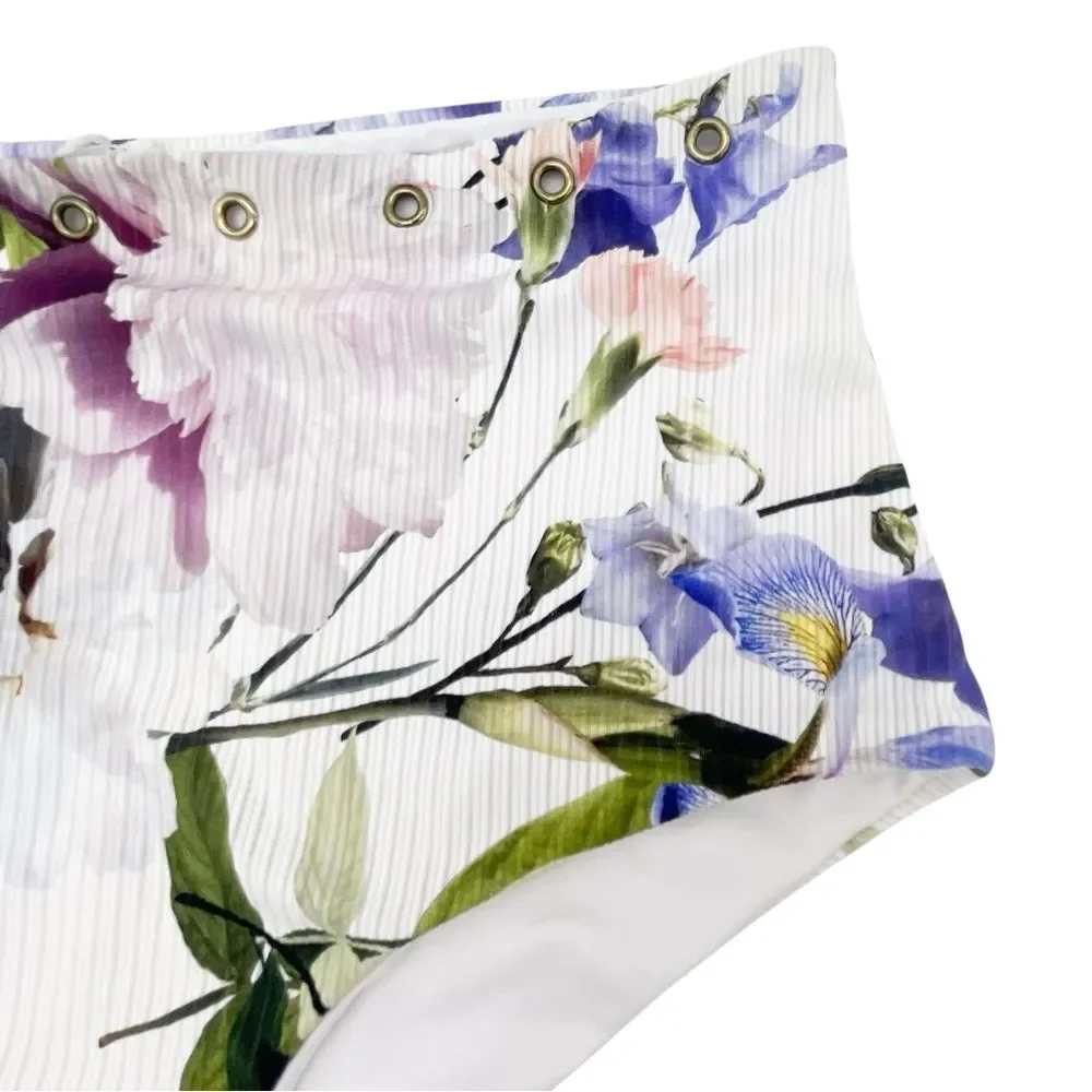 NWT TiniBikini Floral Ribbed Bikini Set S/M Eyelet Detail Swim White Lavender